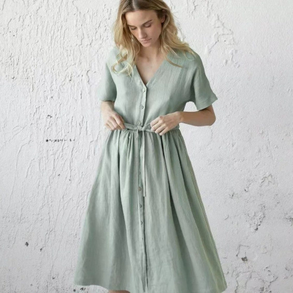 Zara Summer Short Sleeve Open Front Button Tie Solid Midi Dress Green